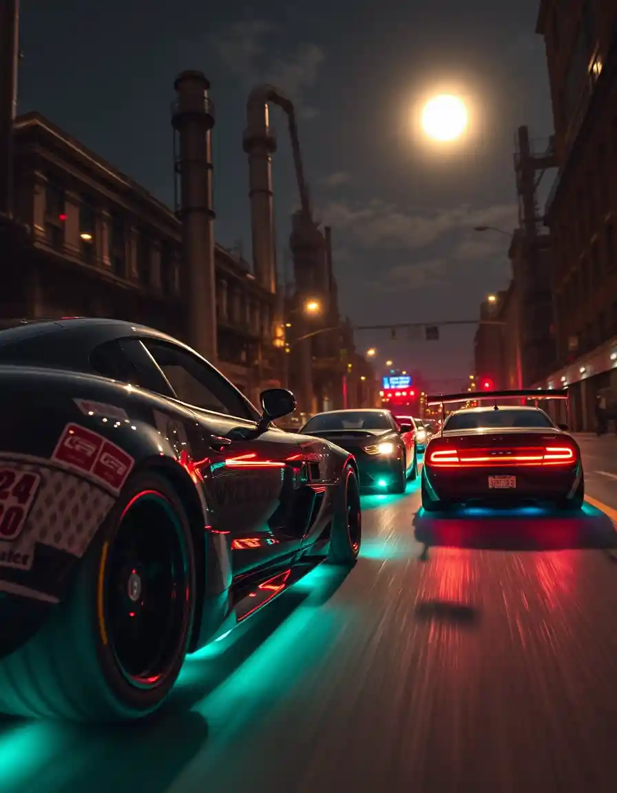 Close up side view of neon street racing cars at night