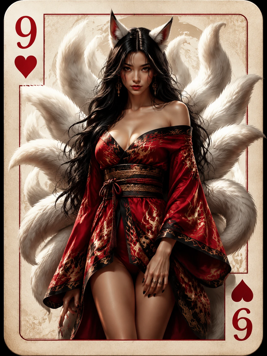 Mythical nine tailed fox woman in red kimono card