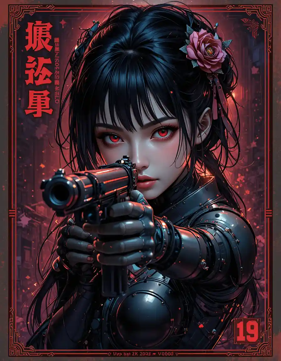 Android geisha aiming a submachine gun in dramatic portrait
