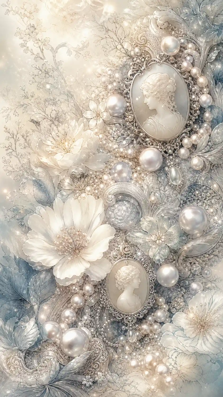 Delicate pearls and carved gems with luminous floral details