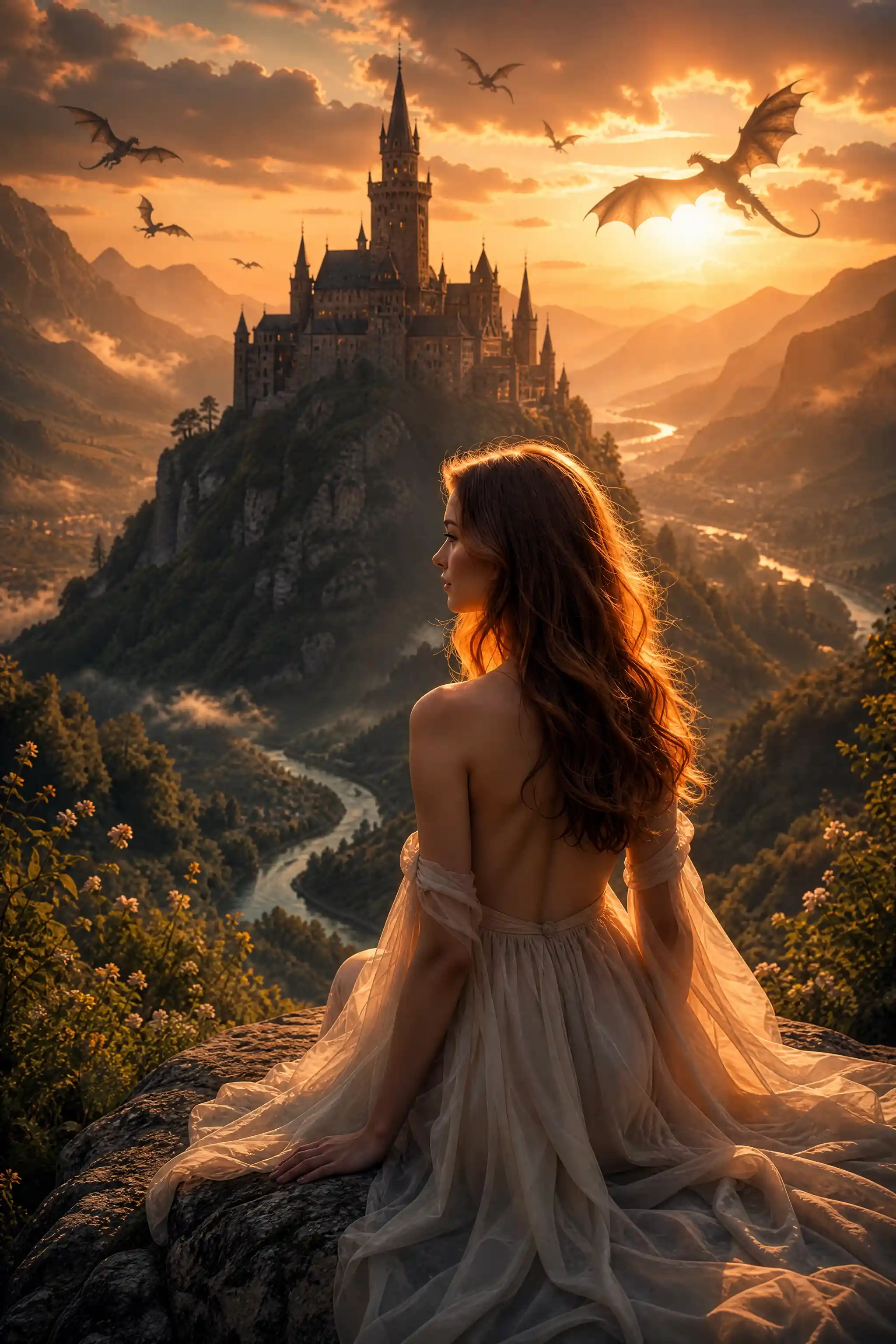 Woman in ivory gown gazing at distant fairytale castle