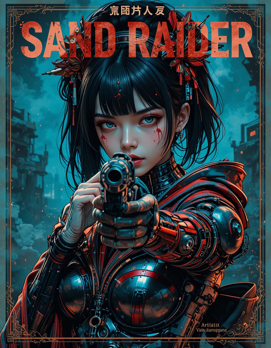 Android geisha aiming a submachine gun in dramatic portrait