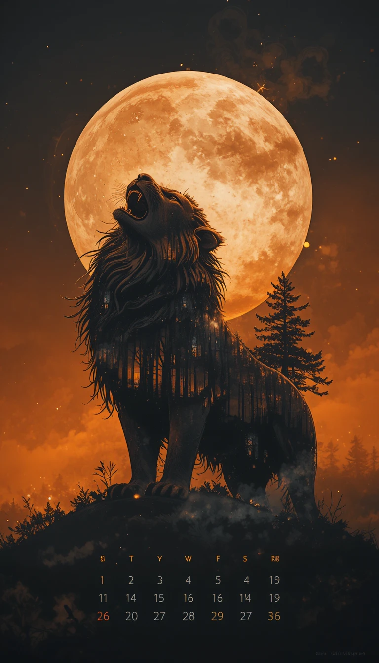 Double exposure lion silhouette filled with forest art