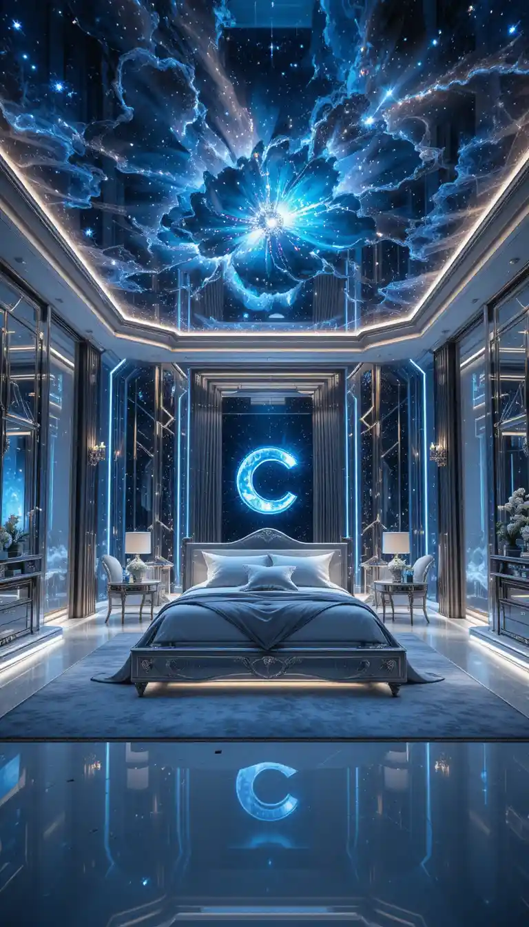 Luxury crystal bedroom with floating furniture and galaxy ceiling
