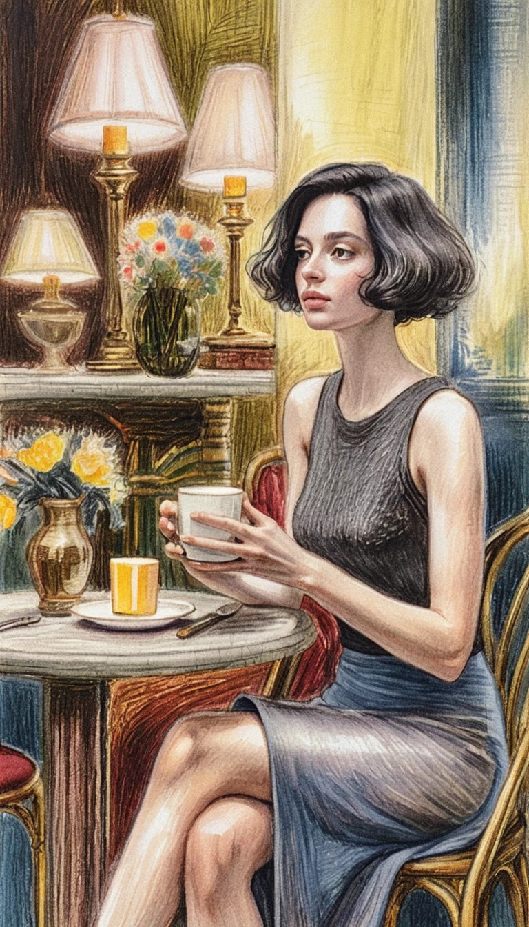 Young woman with coffee in an intimate cafe drawing