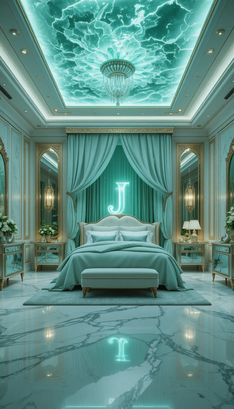 Luxurious jade green crystal bedroom with canopy bed