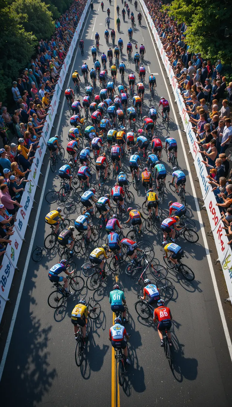 Vista aérea de un caótico choque en una carrera profesional de ciclismo