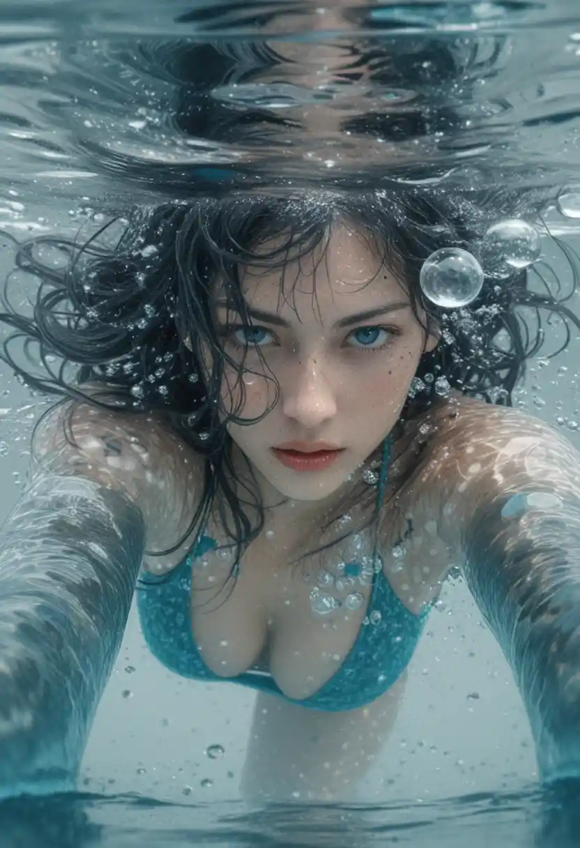 Determined tattooed woman swimming just beneath turquoise water