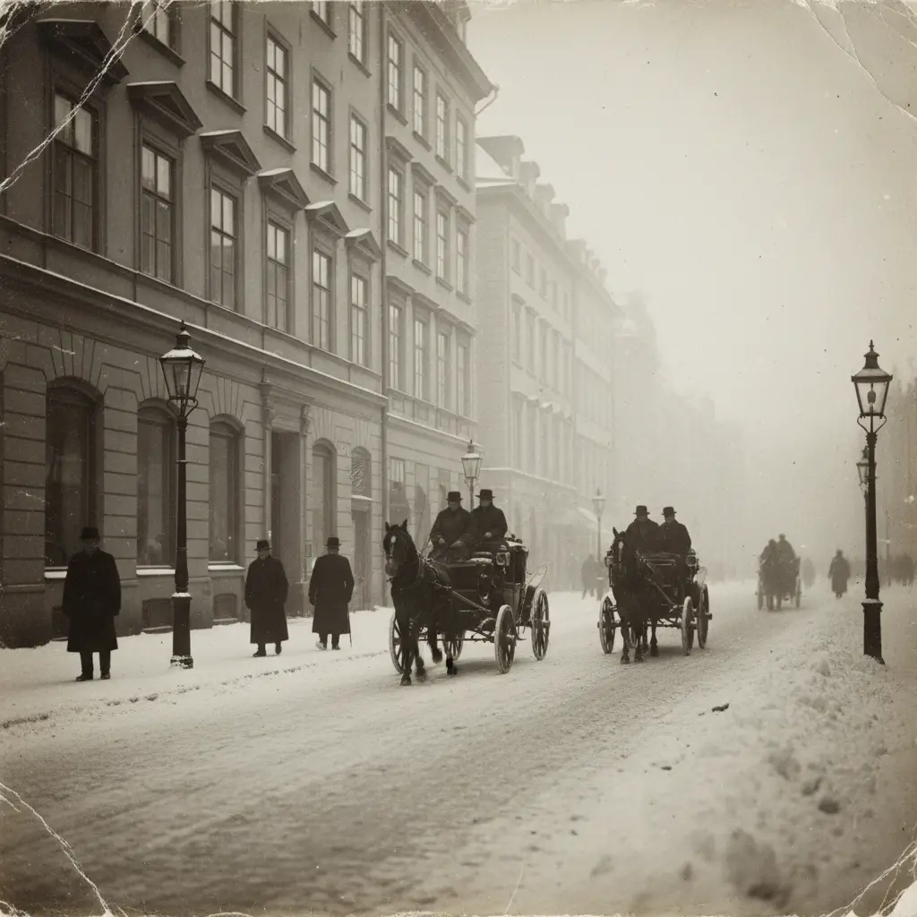 Snowy Stockholm street with horse drawn carriages in 1918