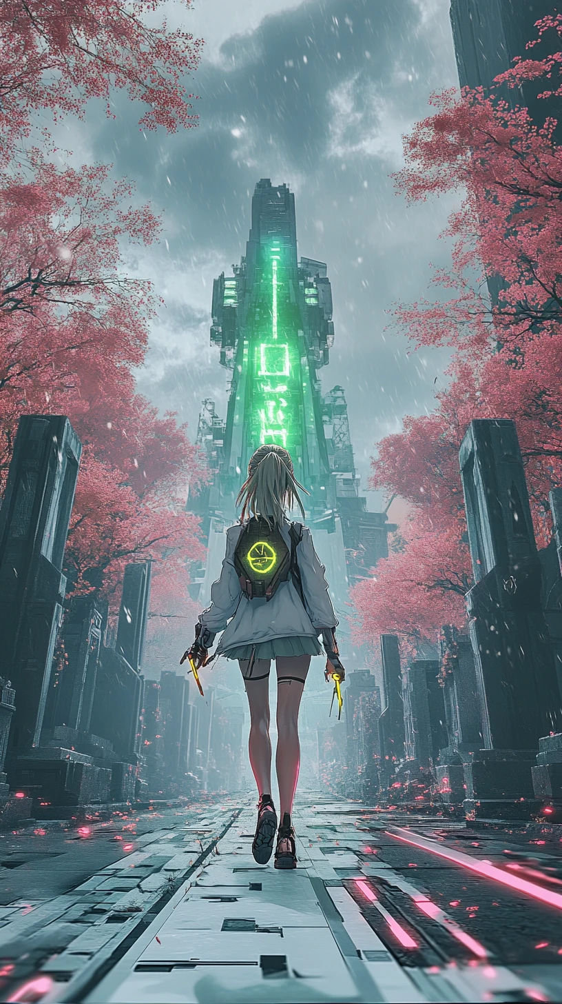 Ragazza anime che cammina lungo un sentiero di pietra in un cimitero