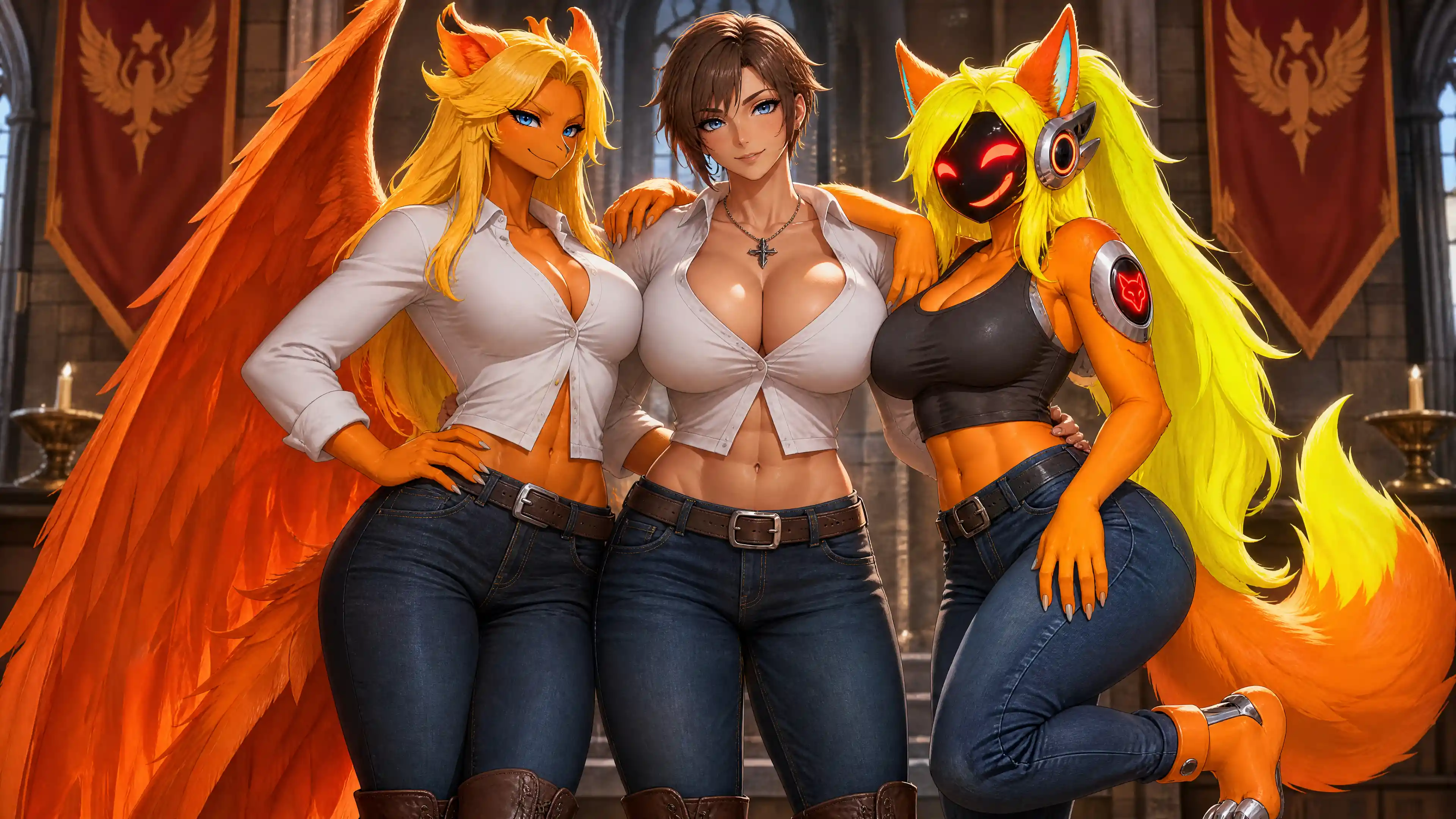 Winged phoenix woman in casual clothes with heroic presence