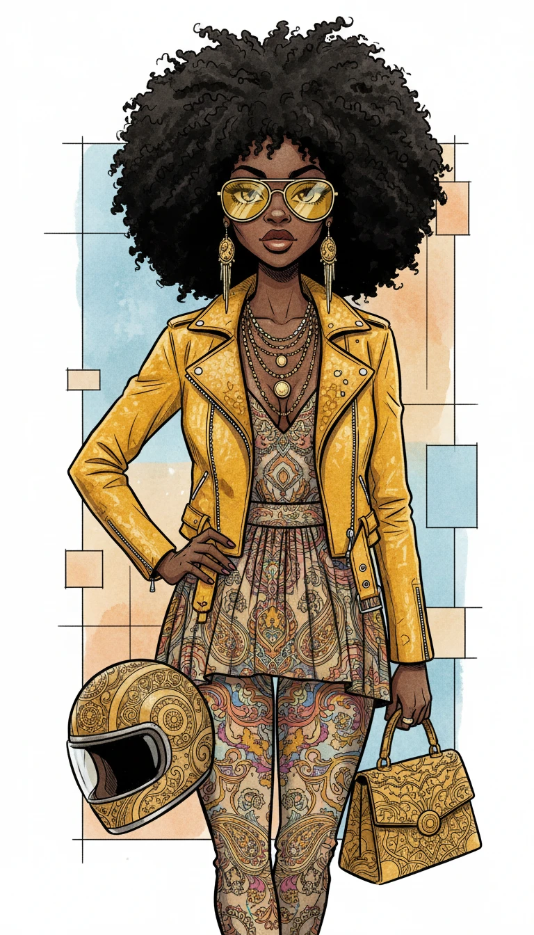 Stylish black biker woman with afro and vintage helmet