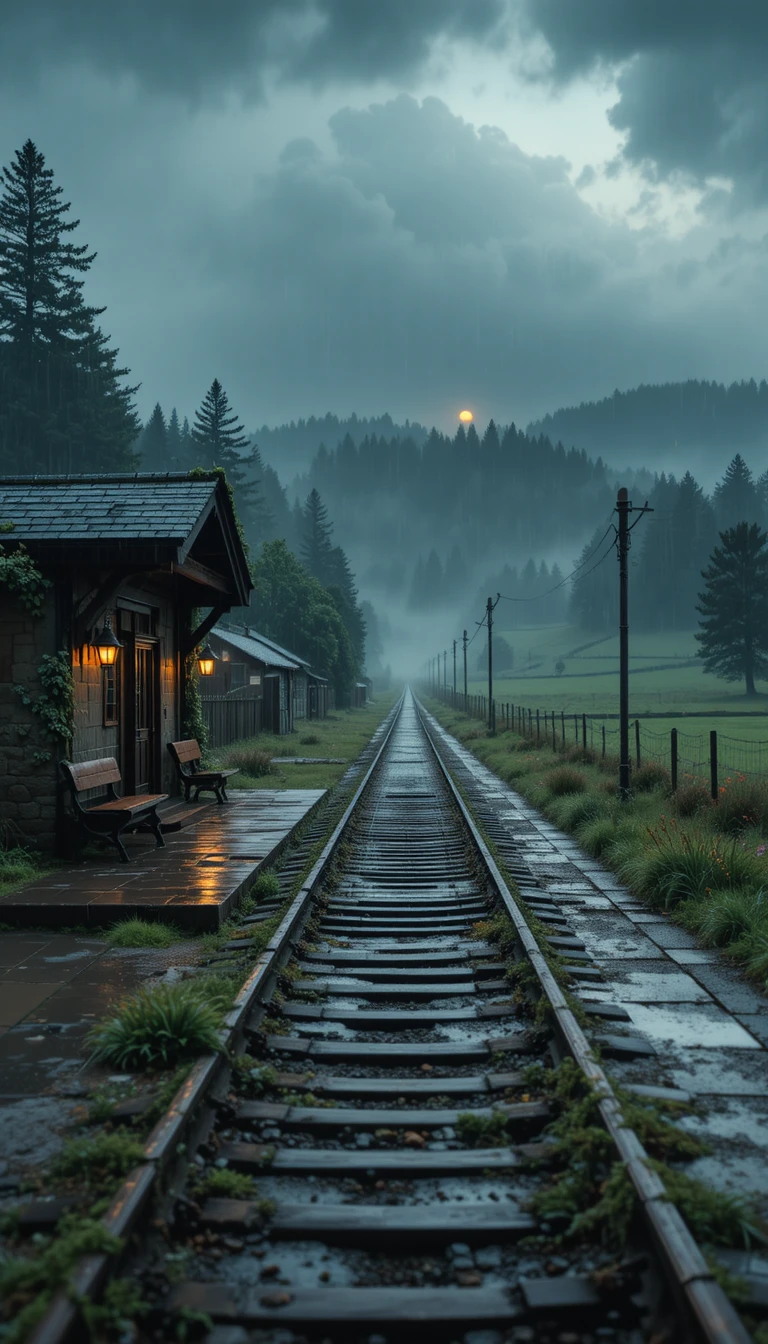 Rainy countryside railway station fading into misty distance
