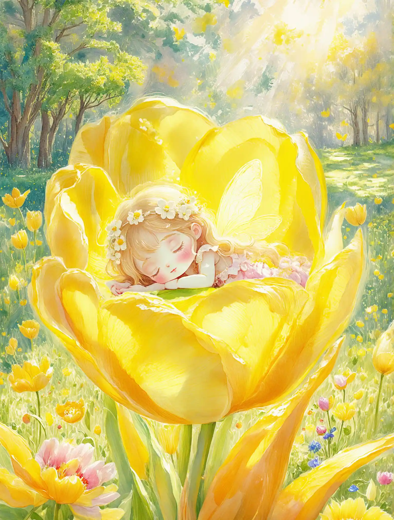 Cute flower fairy sleeping inside a sunlit yellow tulip