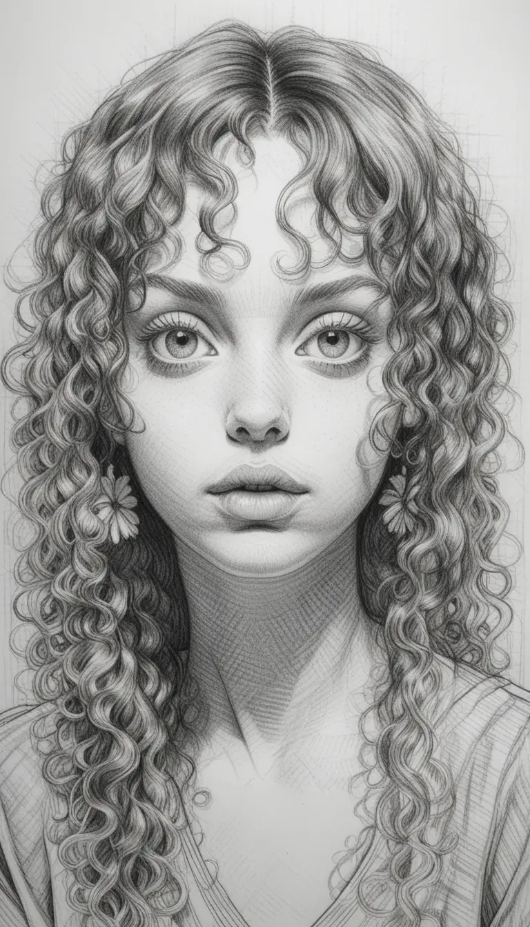 Technical ink portrait of a young woman with coily hair