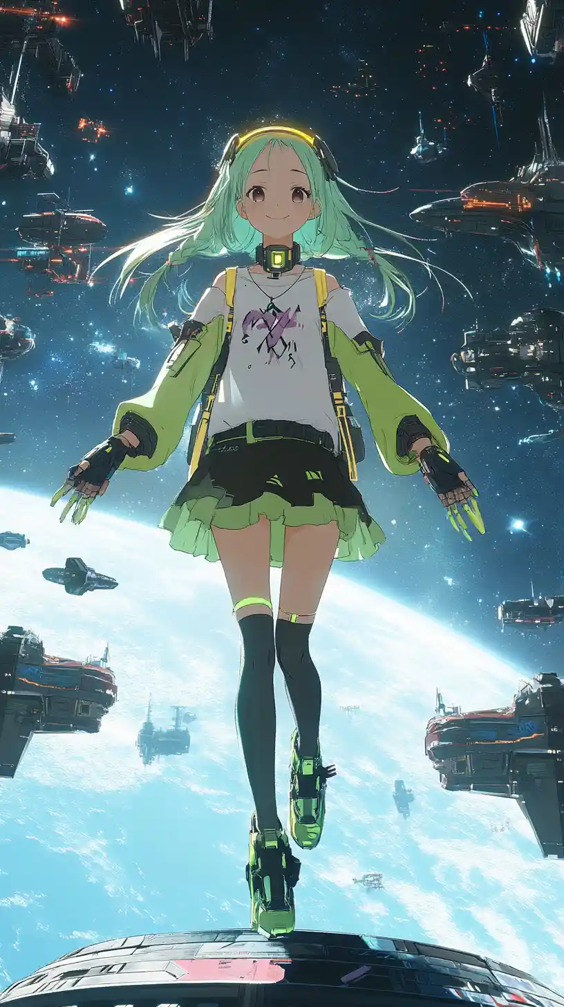 Anime girl smiling on a floating platform in space