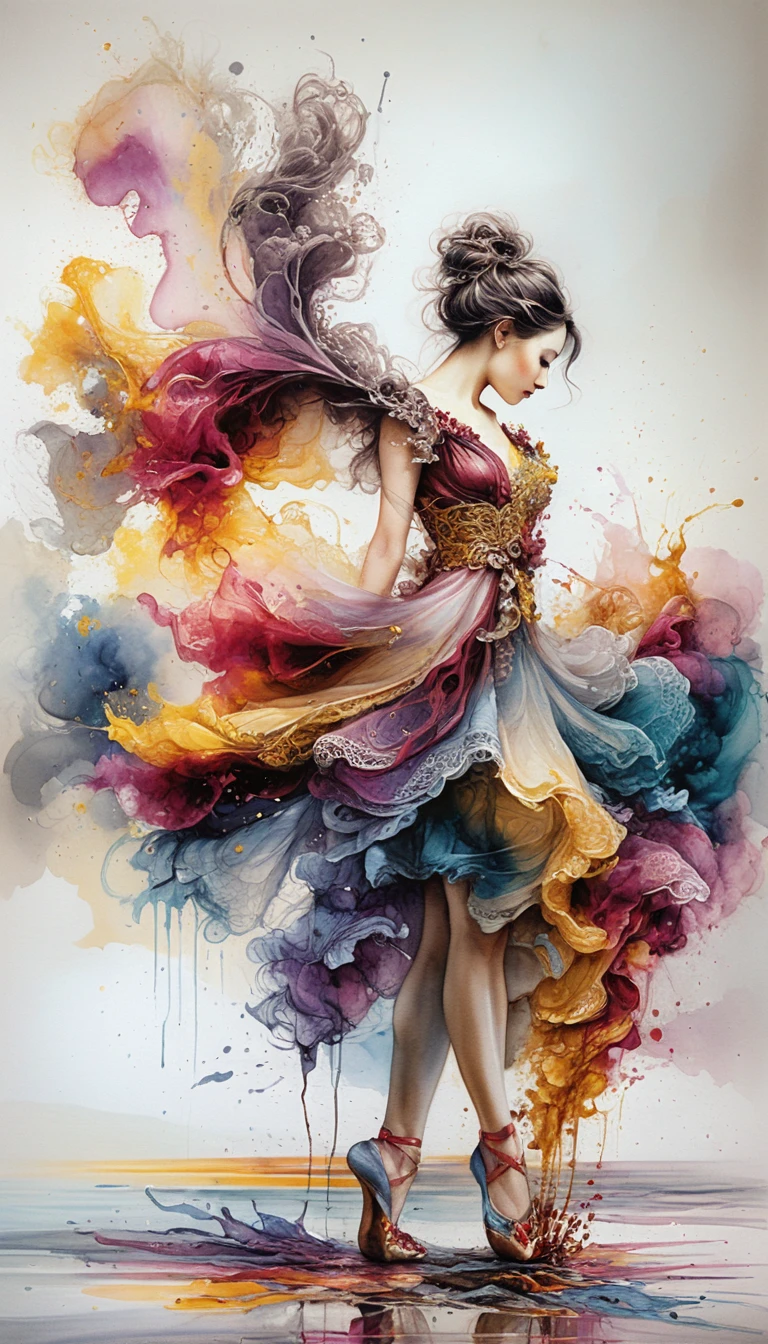 Elegante Frau mit farbenfrohem Aquarell-Regenschirm beim Spaziergang