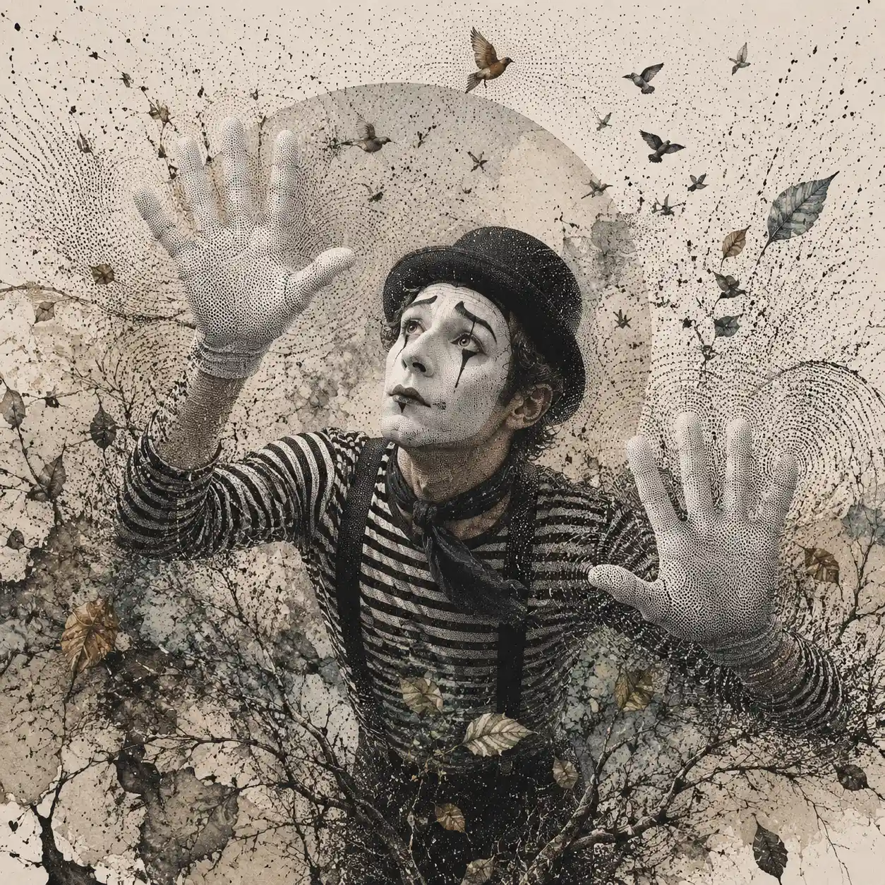 Mime Pressing Against An Invisible Stippled Glass Barrier