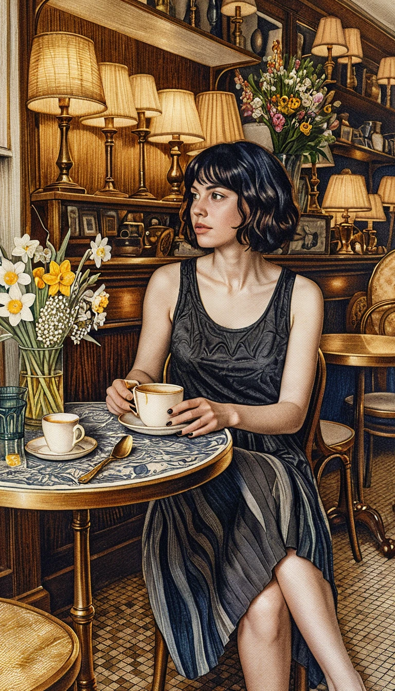 Young woman with coffee cup in an elegant cafe drawing
