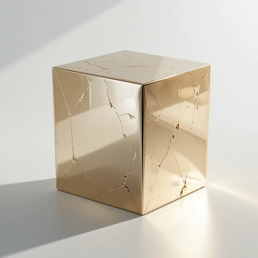 Polished metallic cube on clean white background