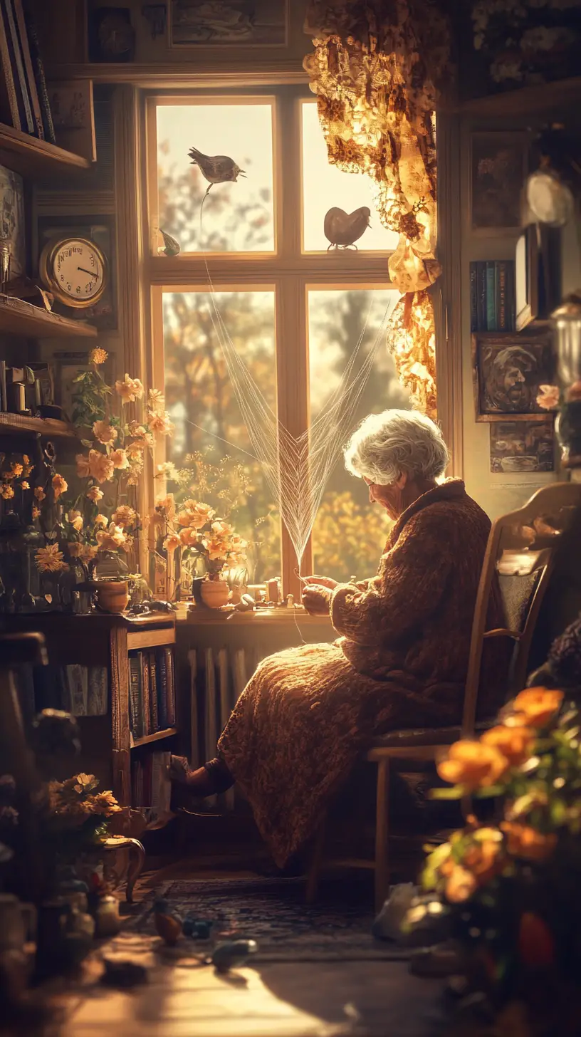 Nonna che cuce mentre un unico filo forma un cuore