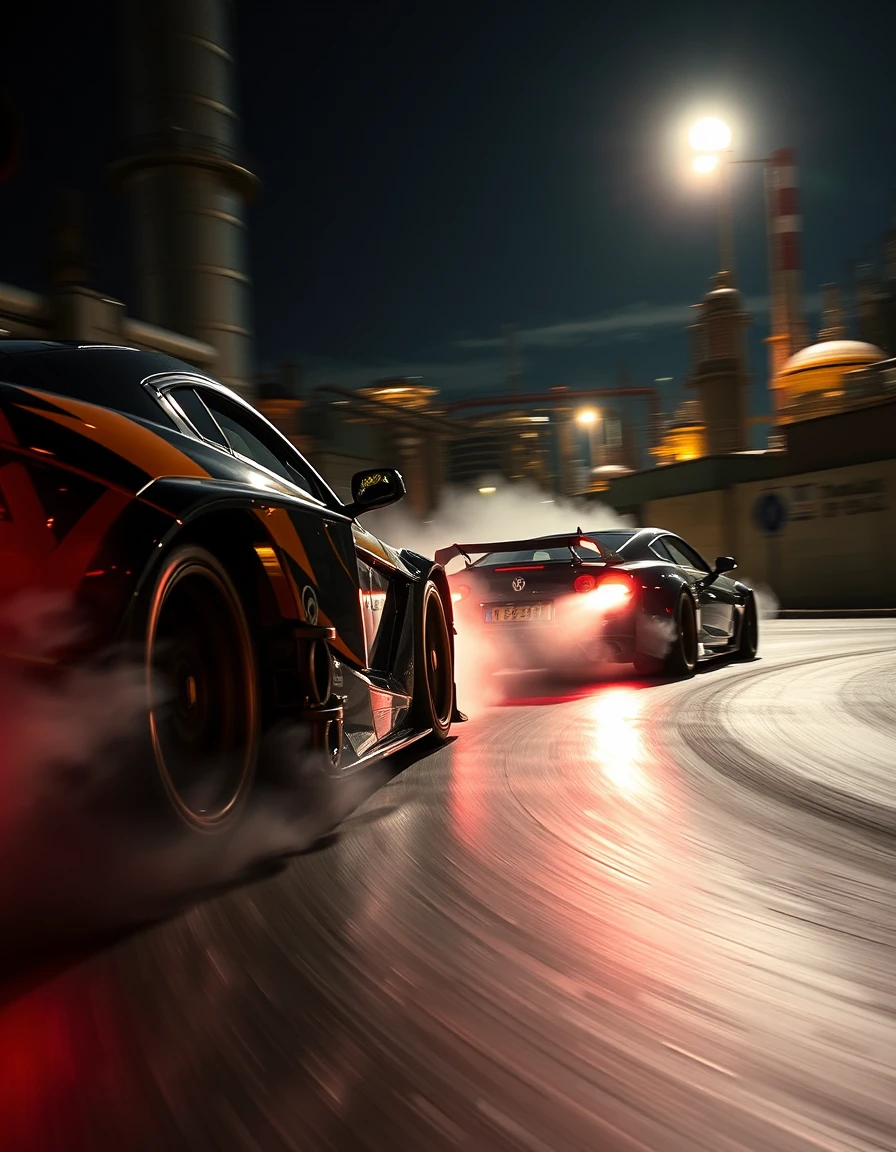 Close up of neon street racing cars drifting at night