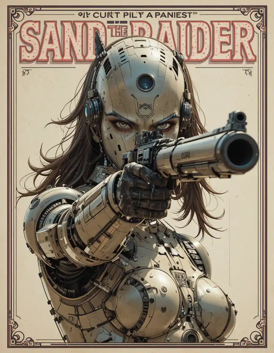Android girl aiming submachine gun on Japanese novel cover