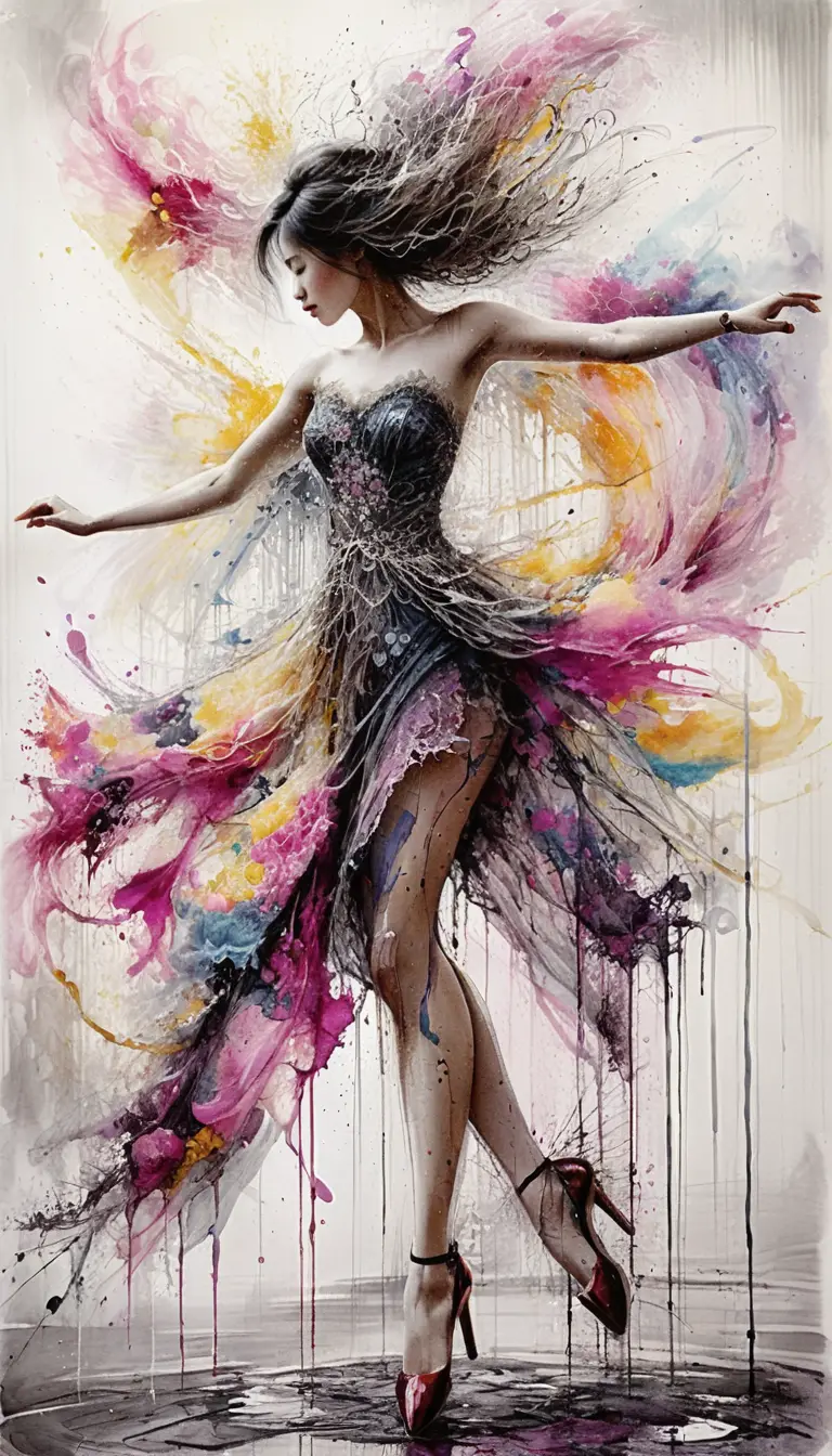 Elegant woman walking with colorful umbrella in ink splatter