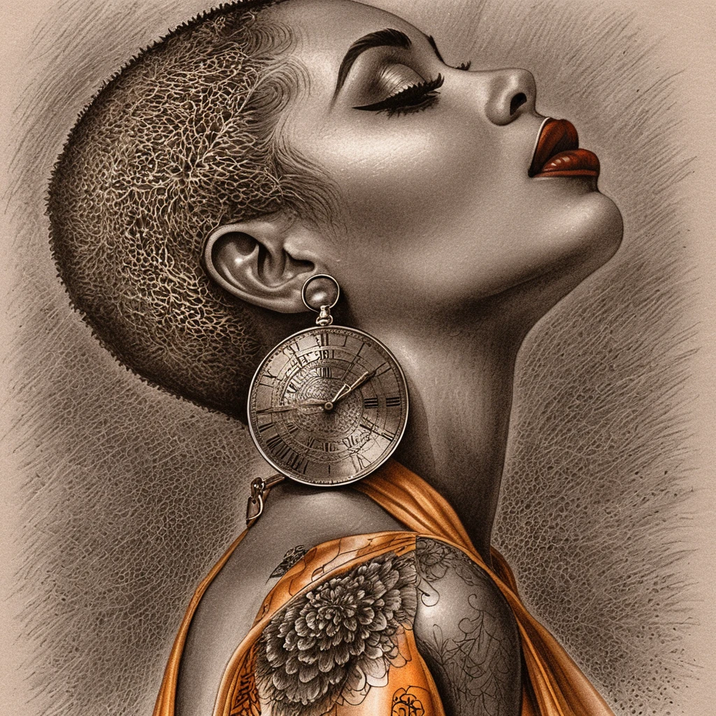 Profile portrait of shaved head woman with red lips