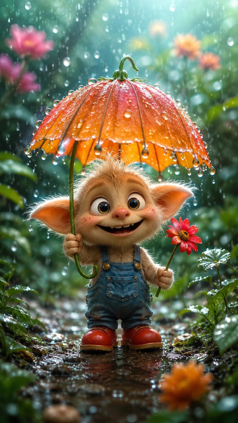 Cartoon creature with umbrella in a rainy dewy garden