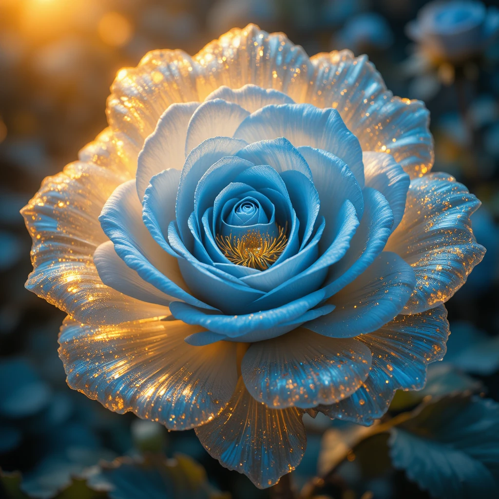 Golden nature scene with a blue rose among flowers