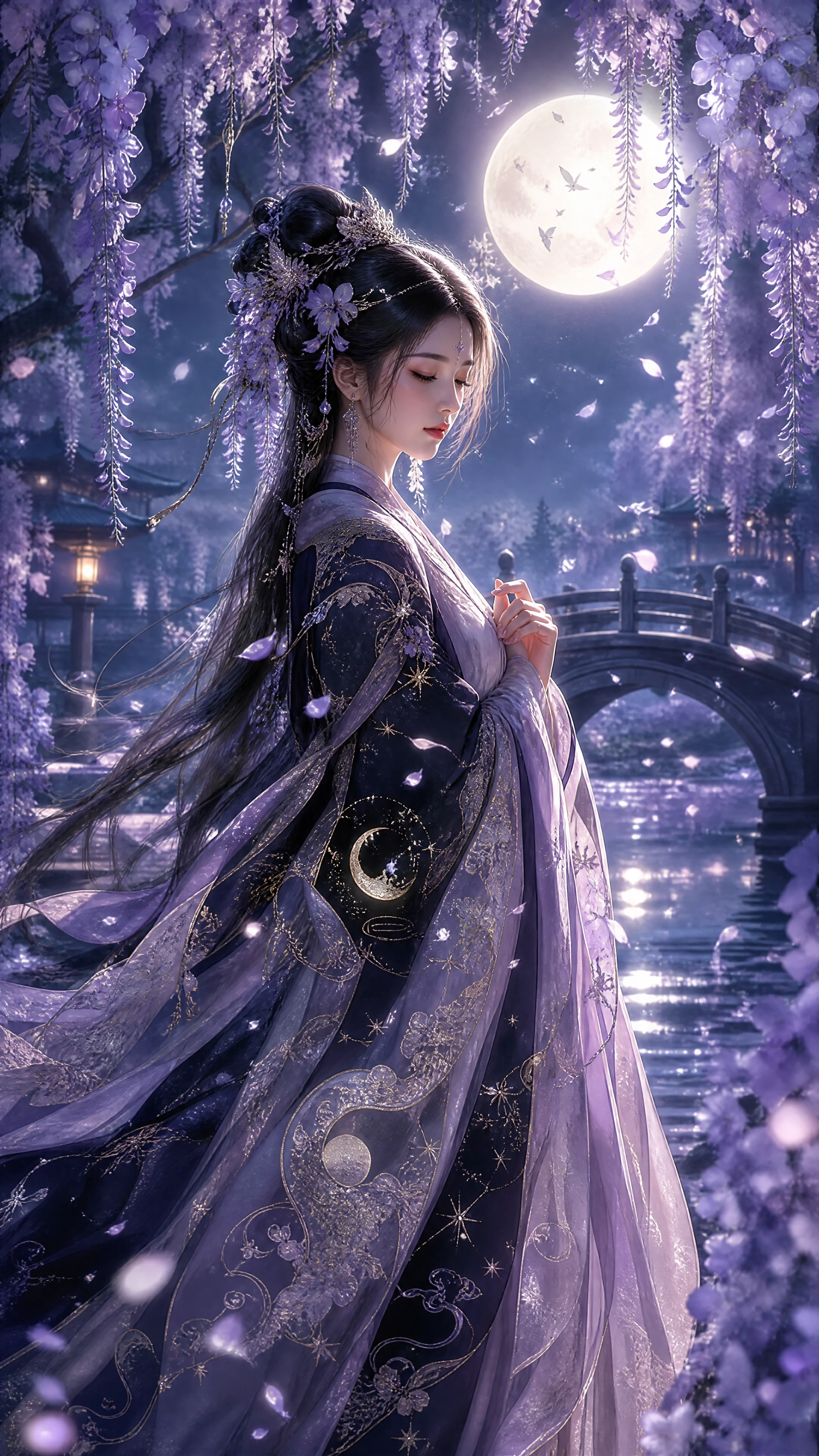 Traditional woman in moonlit garden with cascading wisteria