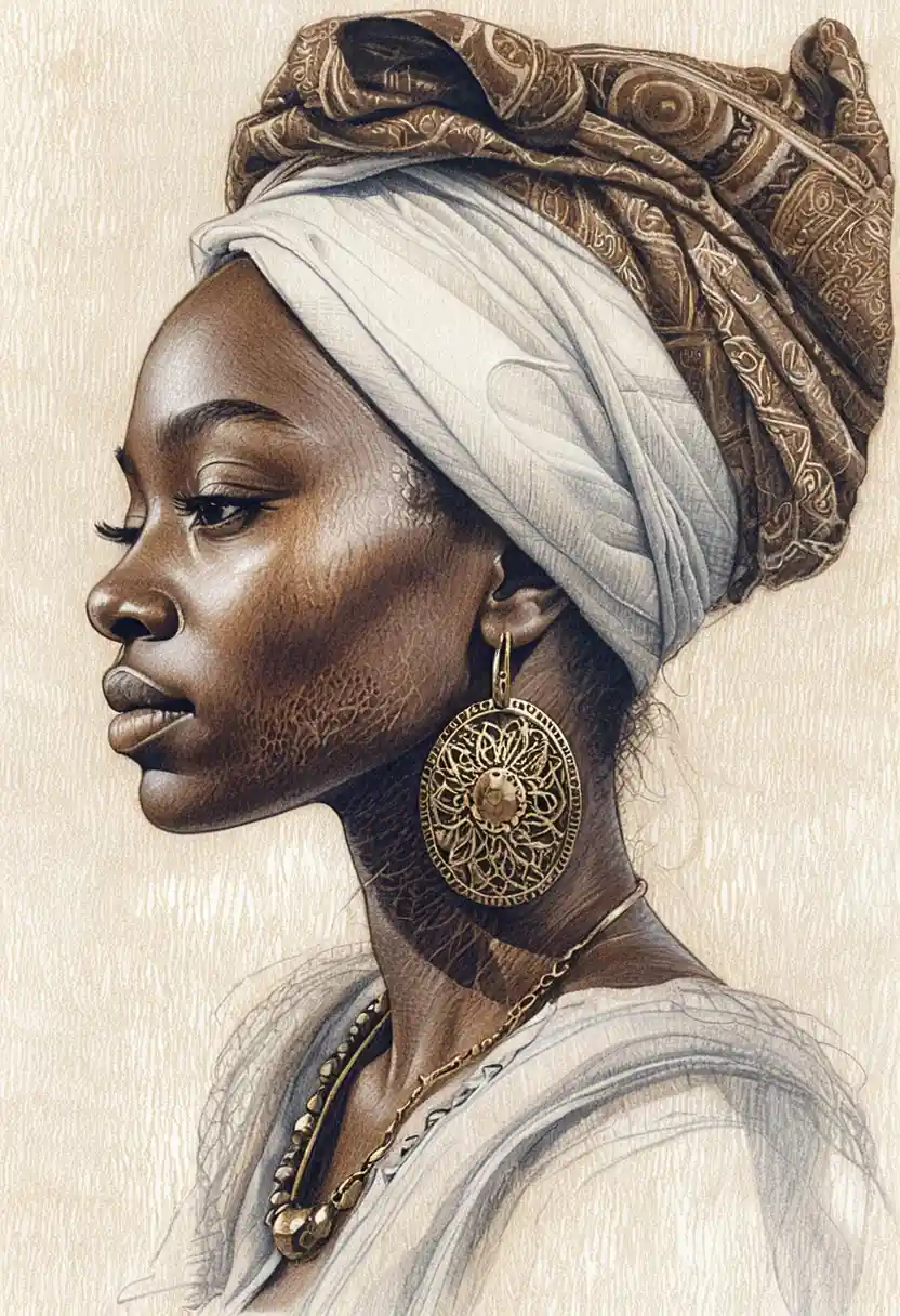 Profile drawing of serene African woman with headwrap