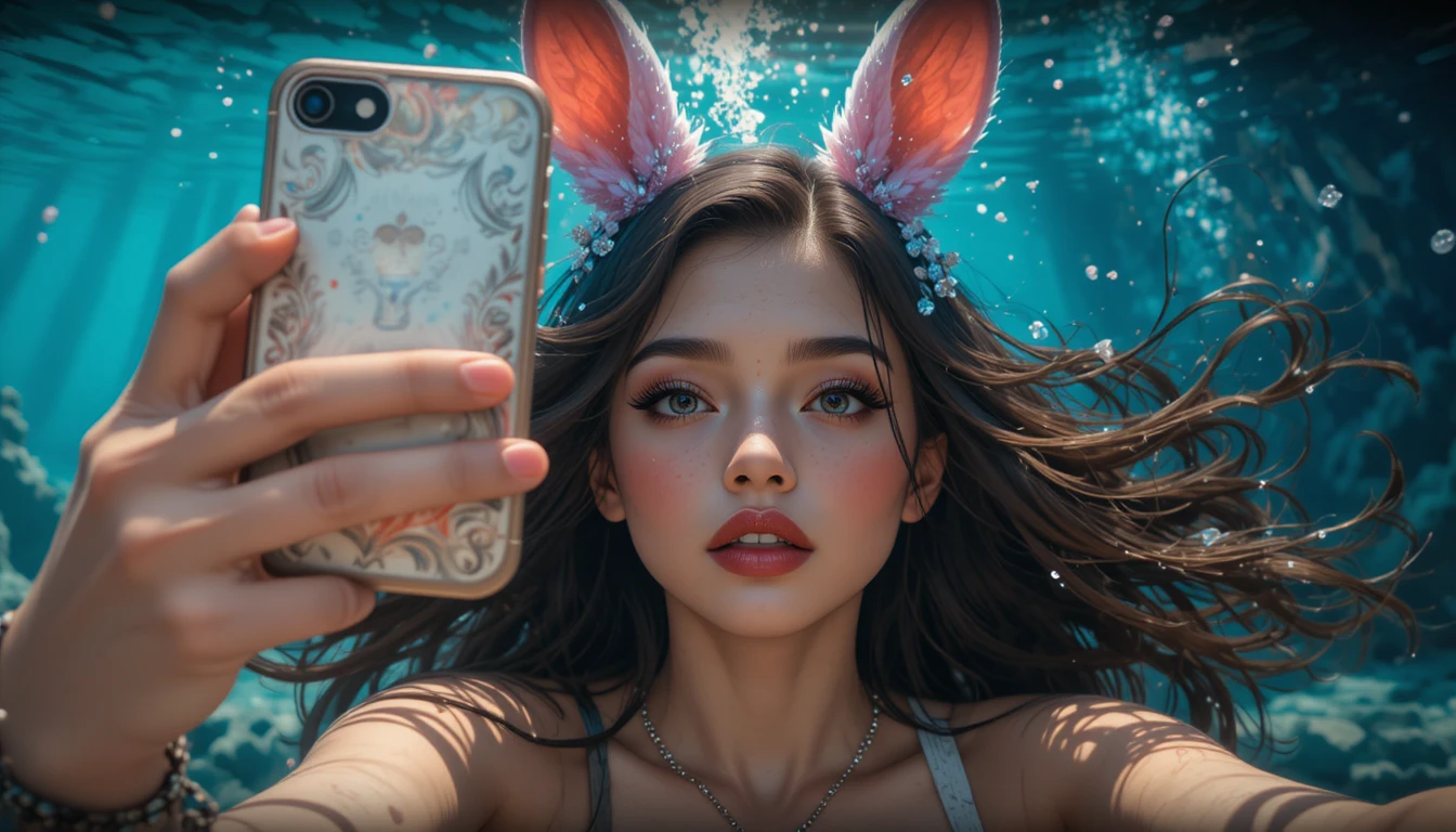 Young woman in rabbit costume taking a playful selfie