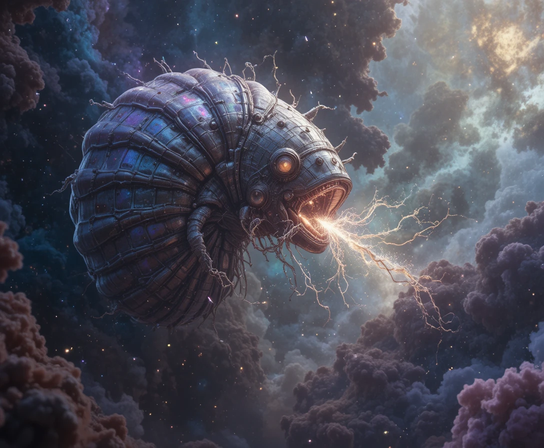 Colossal alien creature drifting through a glowing cosmic nebula