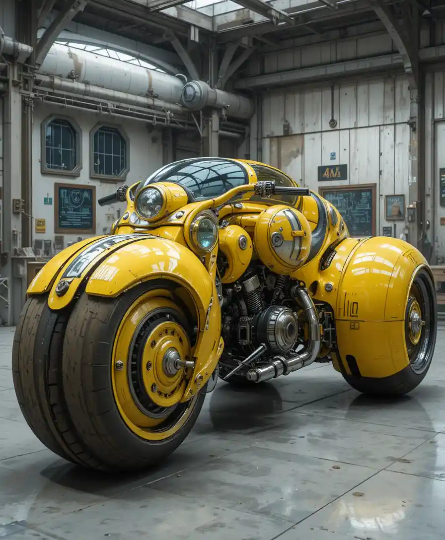 Futuristic yellow trike with broad enclosed black tires
