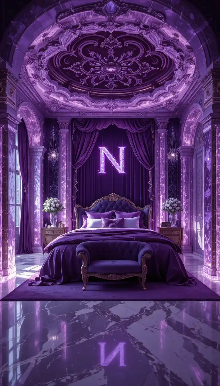 Luxurious amethyst crystal bedroom with glowing purple decor