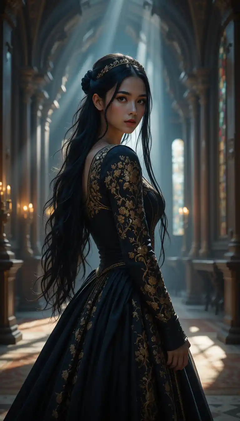 Medieval noblewoman in a dark ornate palace interior