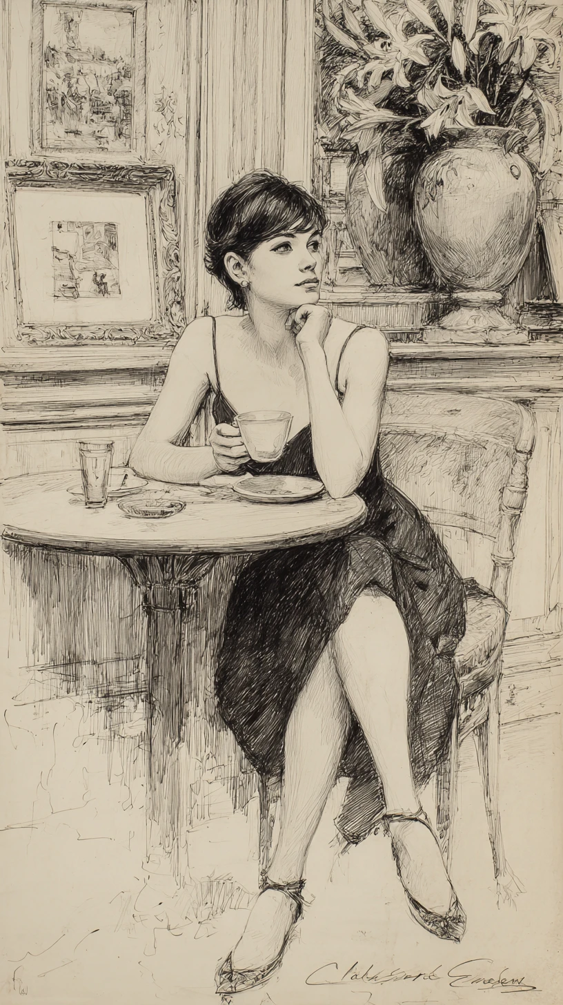 Elegant woman with coffee in a graphite cafe drawing
