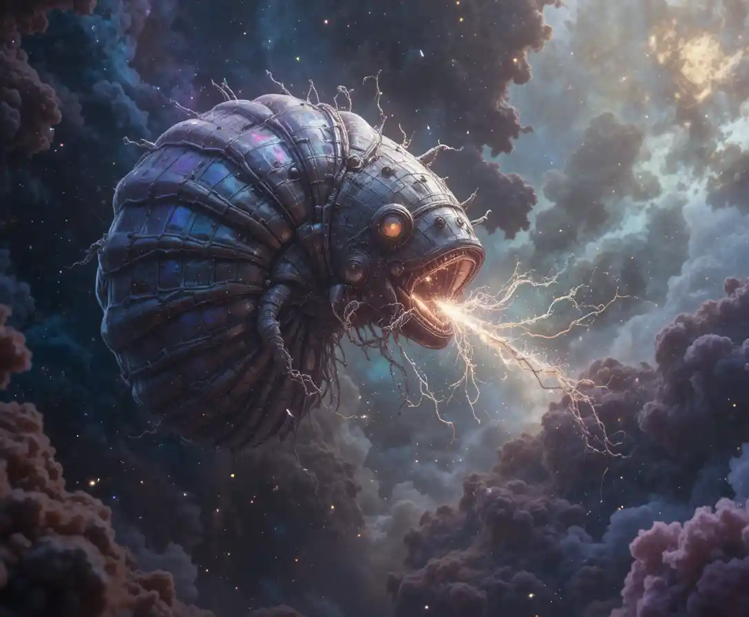 Colossal alien creature drifting through a glowing cosmic nebula