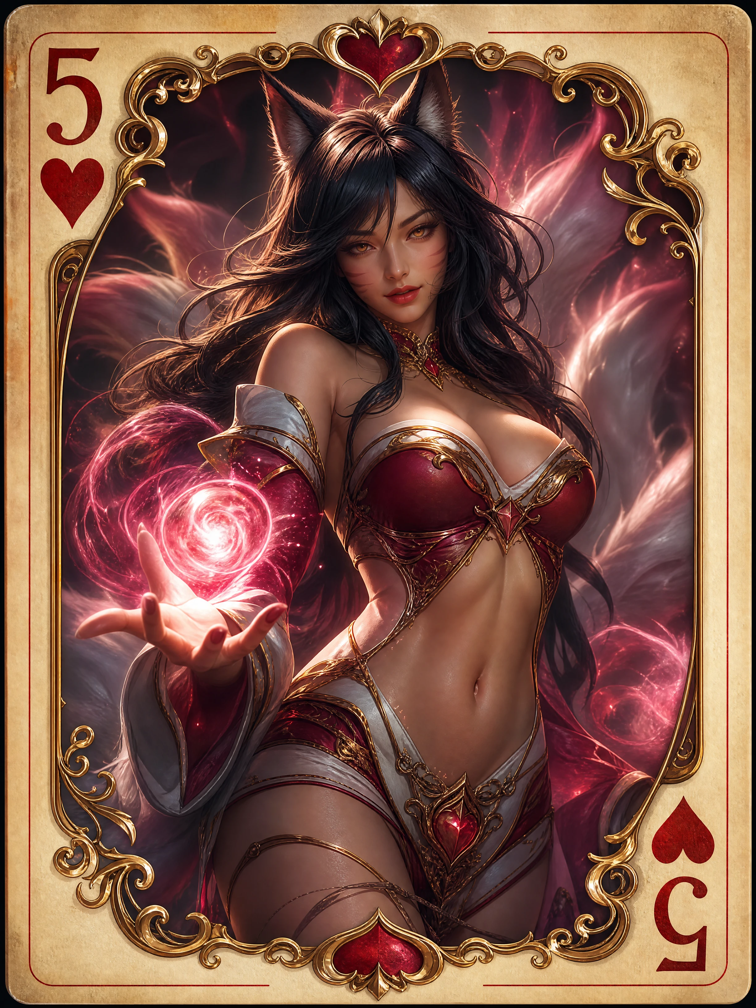 Fantasy heroine framed within a five of hearts card