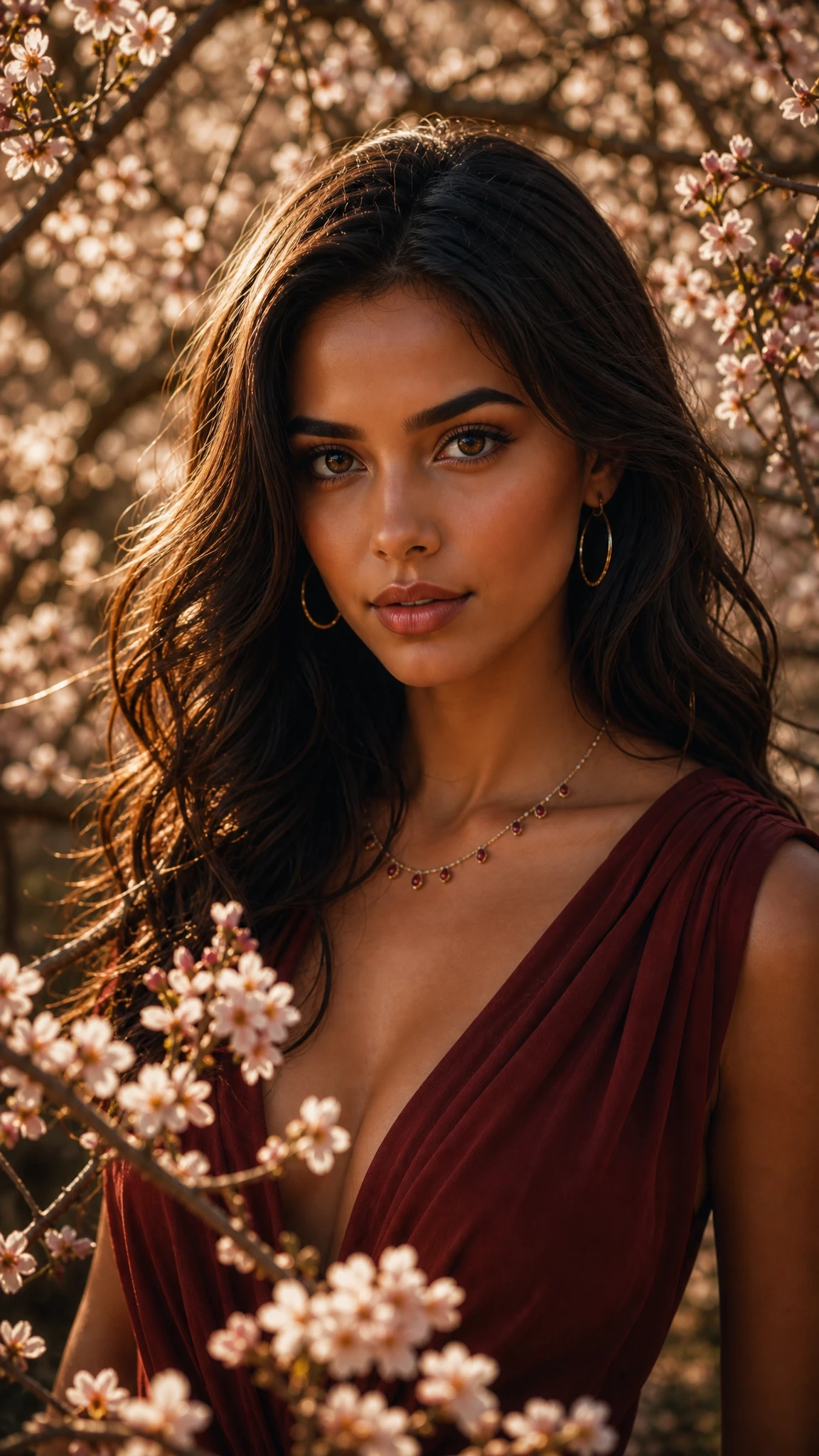 Elegant woman in burgundy dress among cherry blossoms