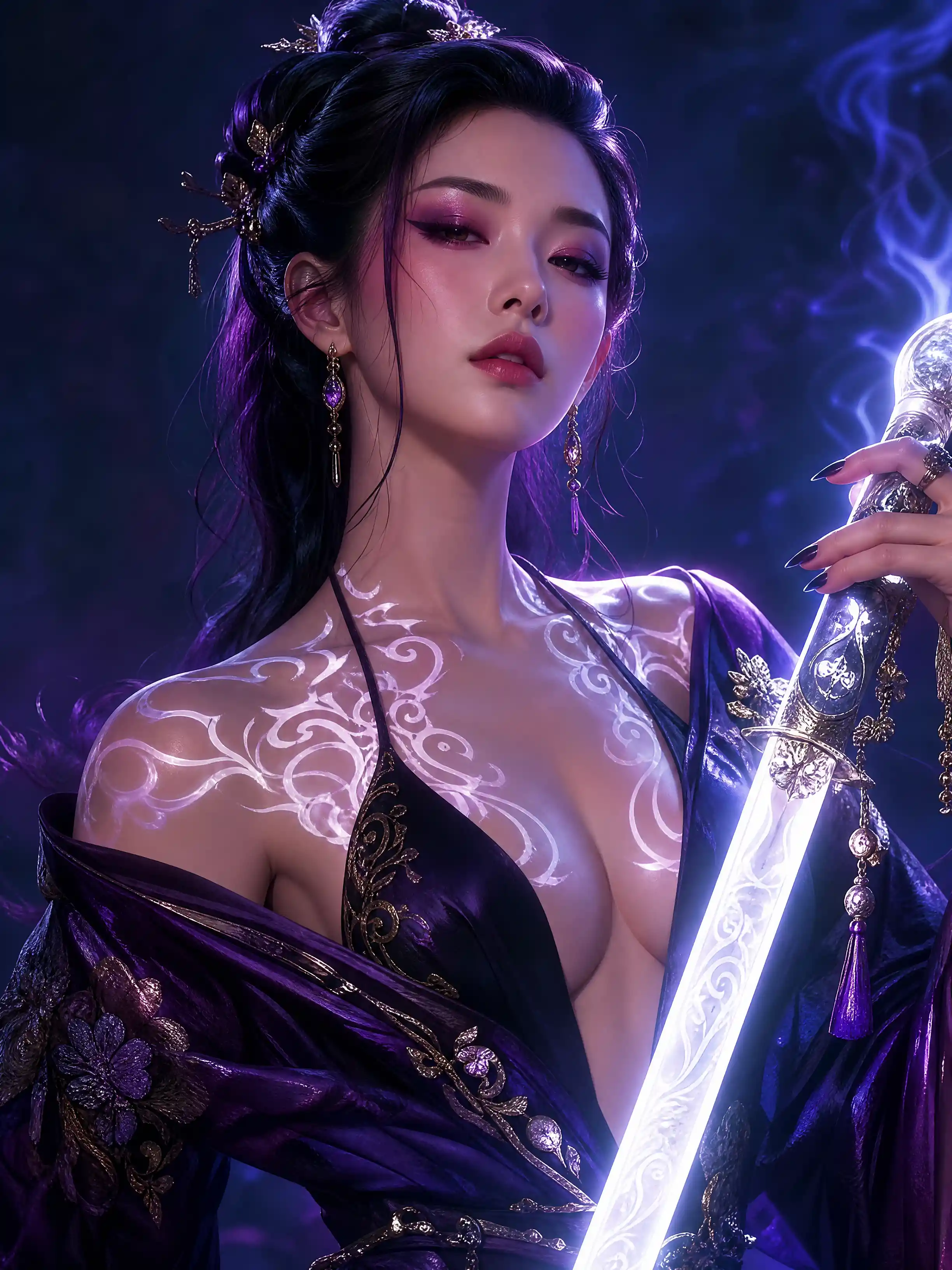 Chasseuse de démons sensuelle avec épée coréenne lumineuse