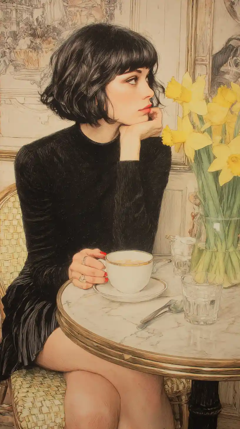 Young woman with coffee in a vintage cafe drawing