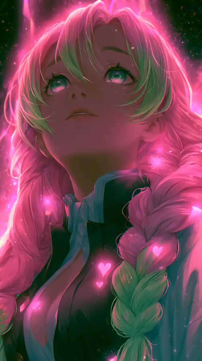 Anime girl with glowing neon aura looking upwards