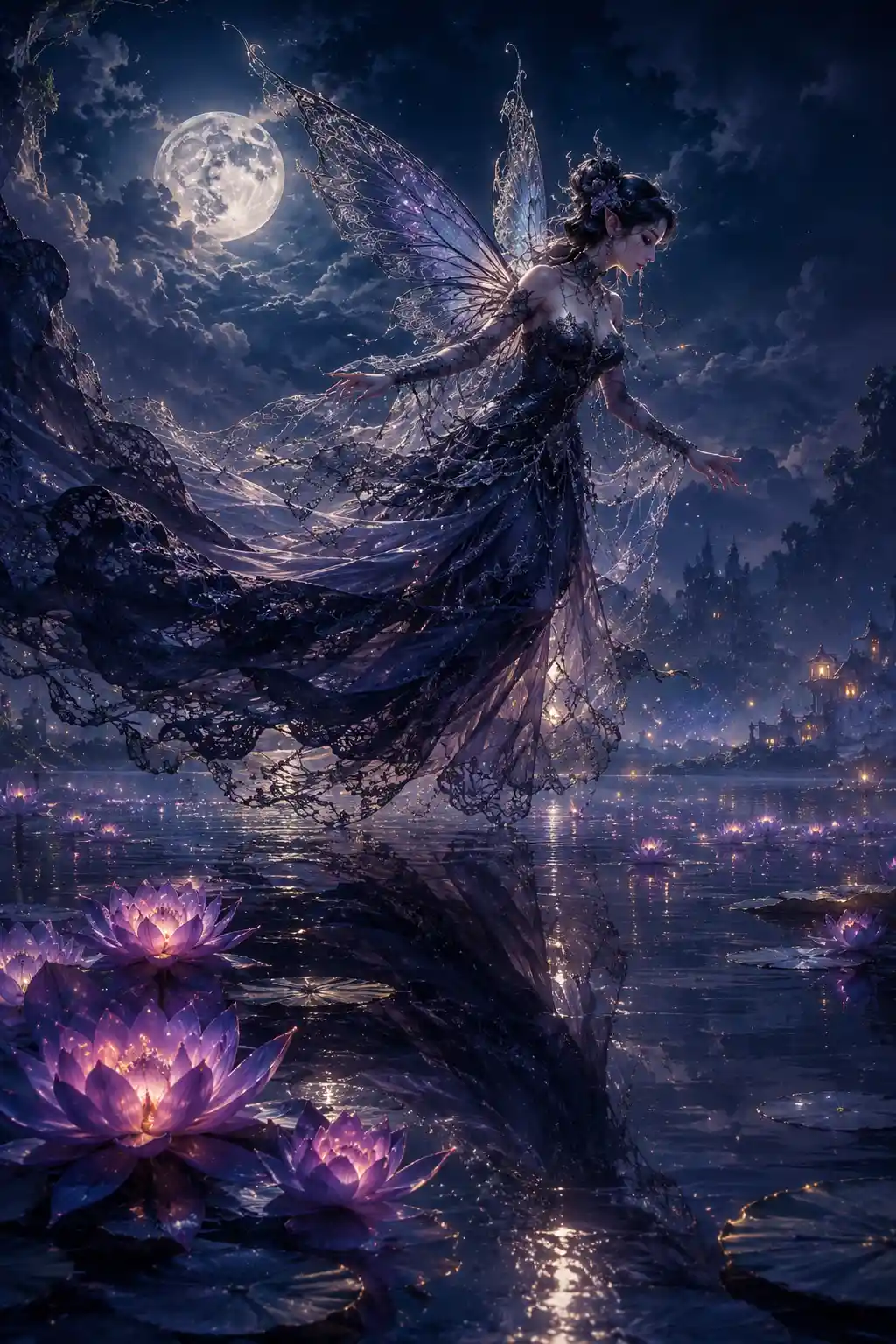 Gothic fairy hovering above a moonlit lake at midnight