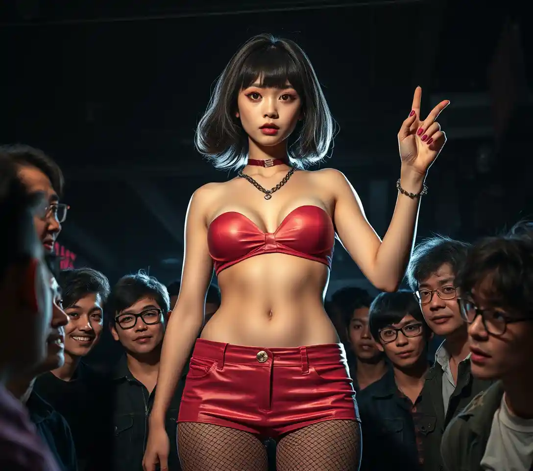 Powerful woman towering above a crowd of shocked onlookers