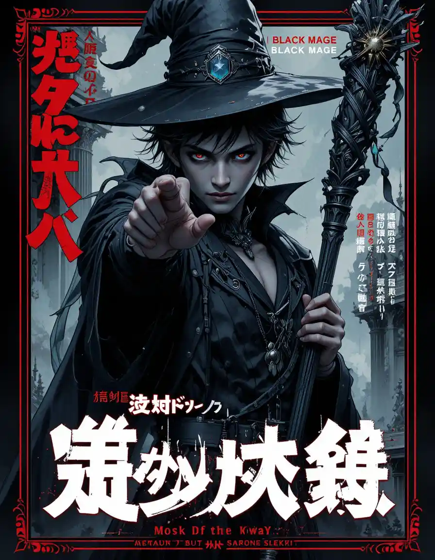 Mago nero dark fantasy che punta il suo bastone in avanti