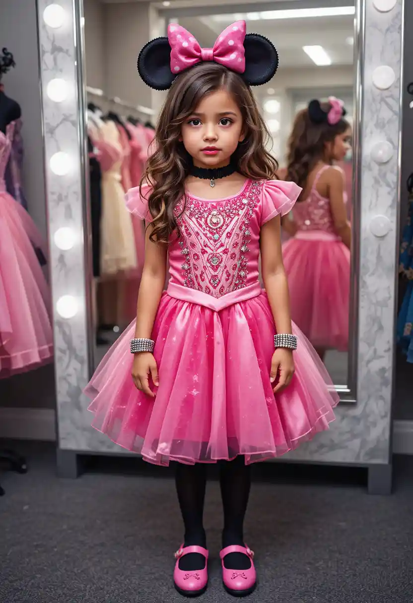 Nervöser Junge im pinken Minnie-Kleid im Hinterzimmer einer Boutique