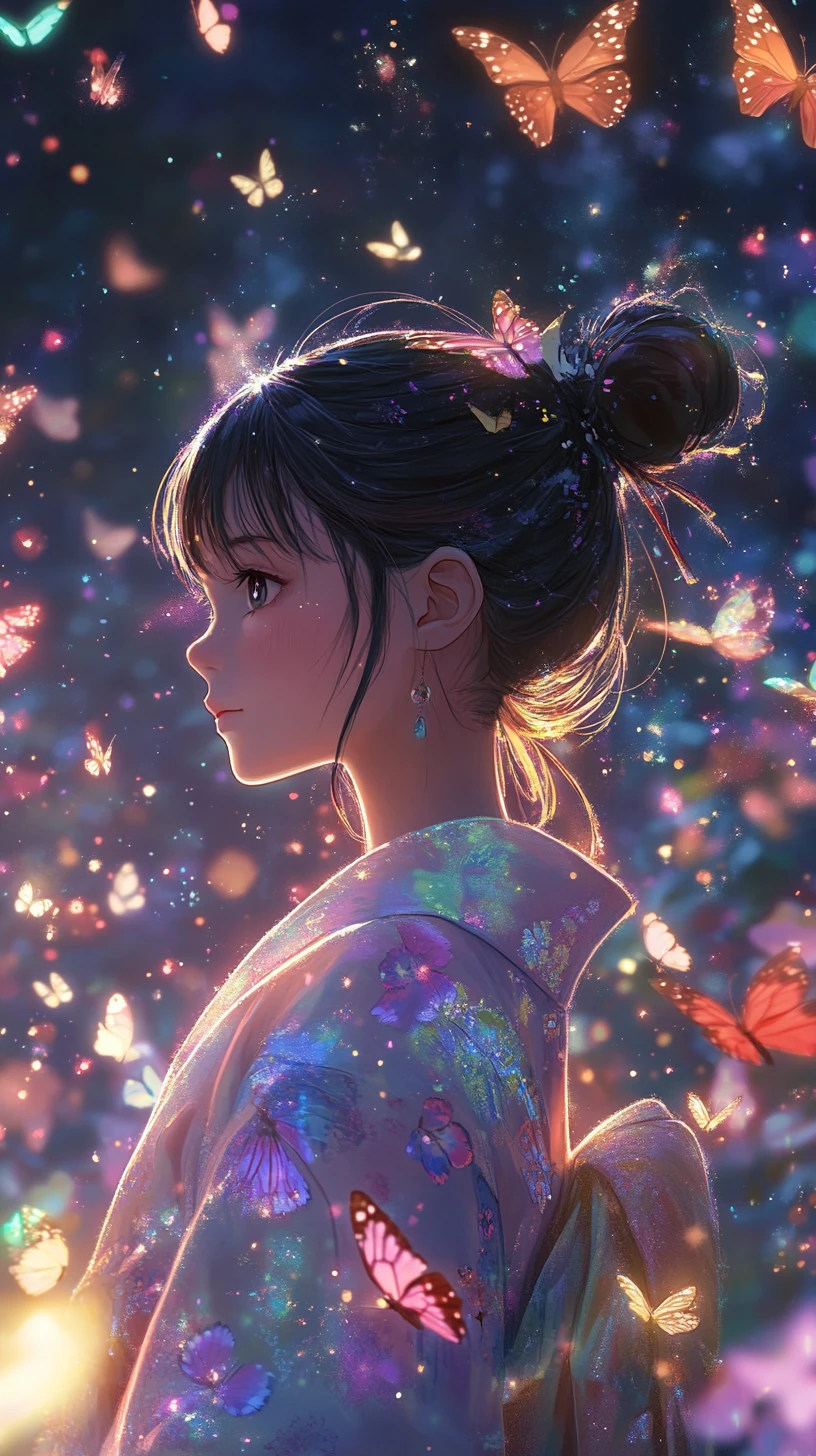 Girl in iridescent dress under a glowing cosmic night sky